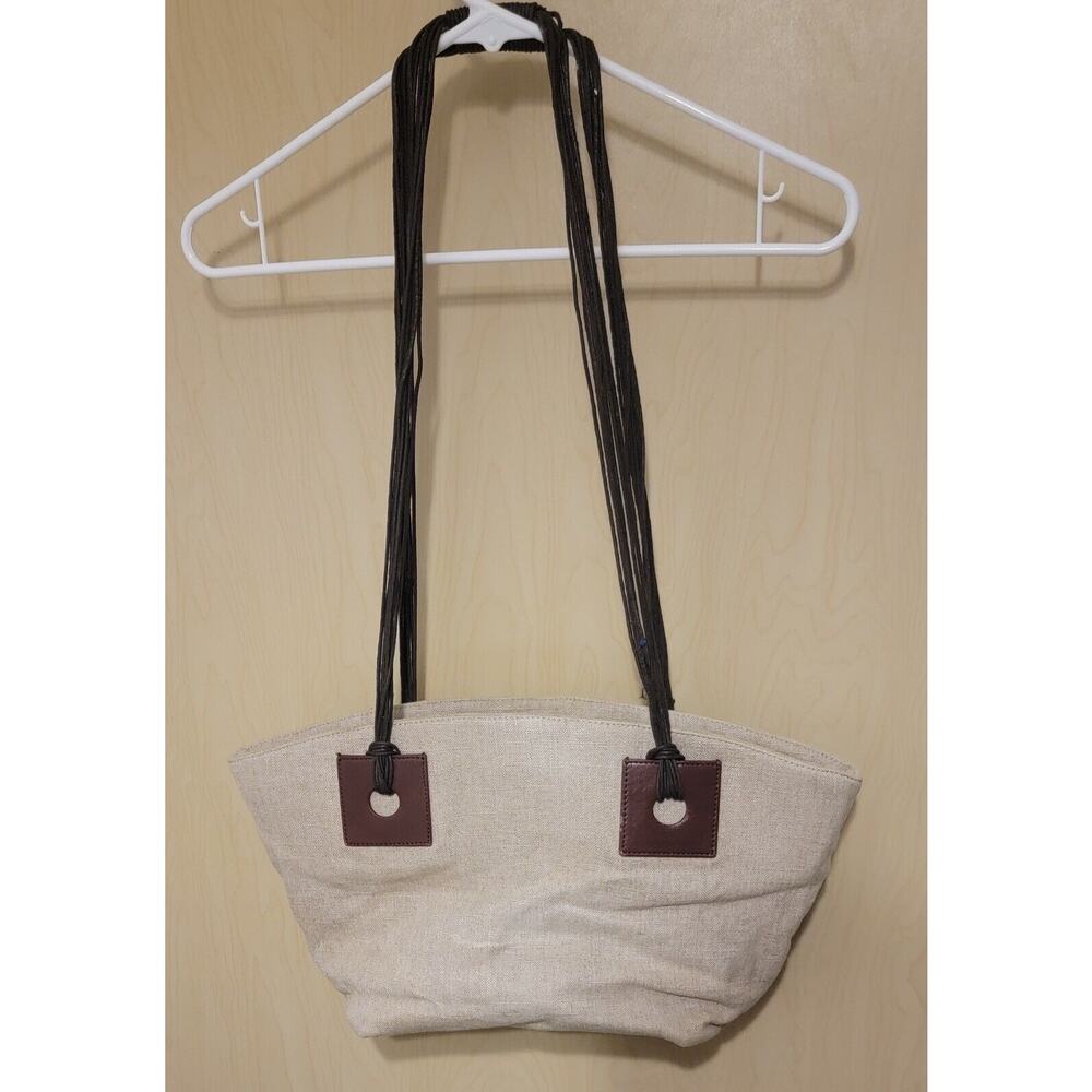 Coldwater Creek Canvas Tote Bag Ivory Brown Trim Large Expandable Purse